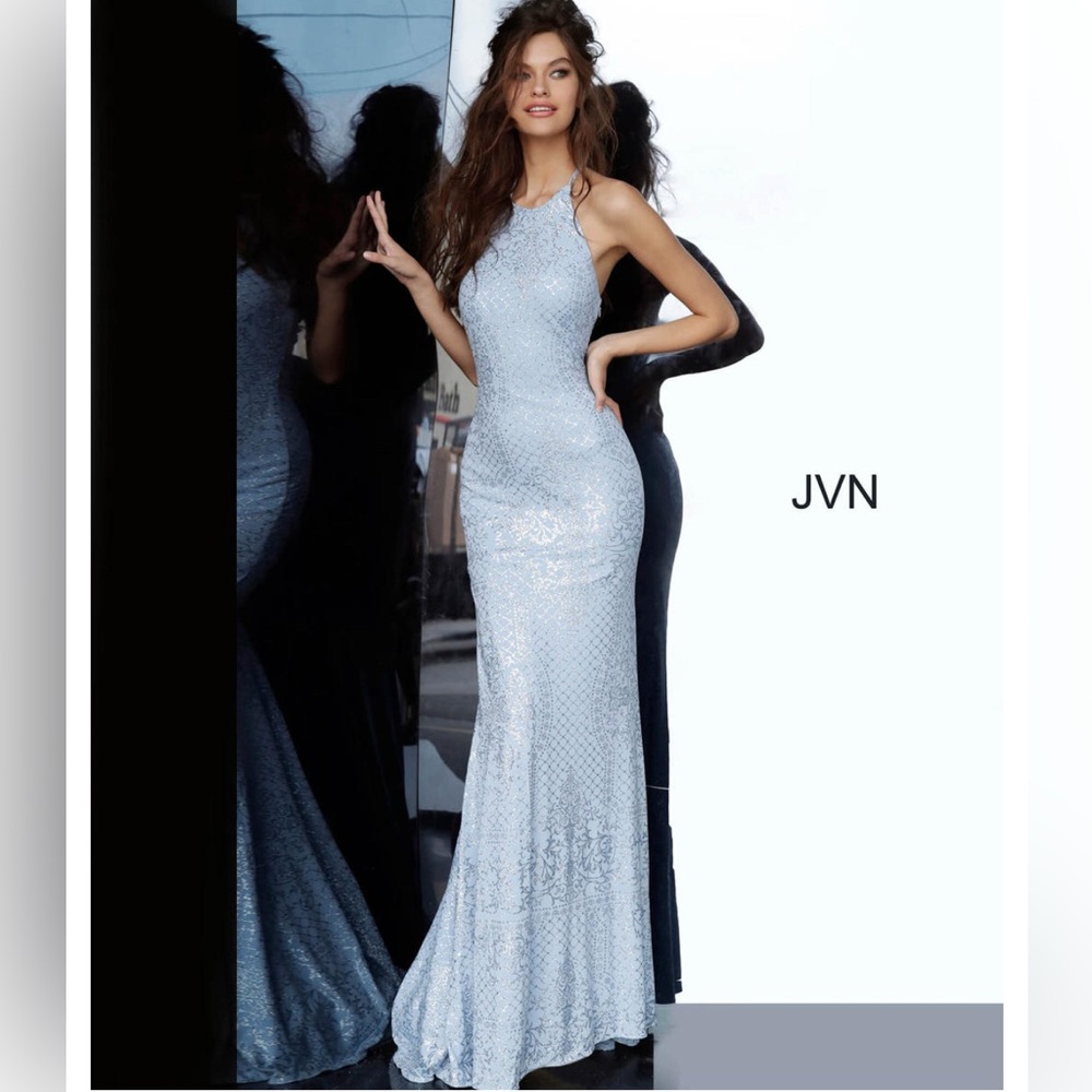 NWT. JOVANI | Light Blue Lace Up Back Jersey Gown - Picture 4 of 5